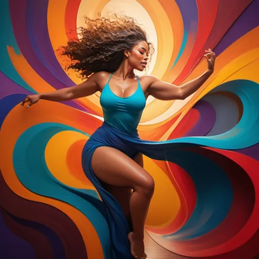 Prompt: (sensual artistic representation of women), dynamic poses, exaggerated curves, (vibrant colors), playful background elements, warm lighting creating a lively atmosphere, (bold and confident expressions), high depth detail, 4K quality, highlighting themes of celebration and empowerment, emphasizing body positivity.