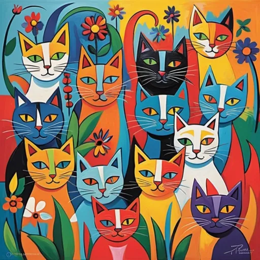Prompt: Picasso-style garden of cats, vibrant and chaotic brushstrokes, playful and whimsical, high quality, abstract, colorful, energetic, cubist, feline frenzy, vivid tones, expressive, lively, artistic, surreal, abstract shapes, joyful atmosphere