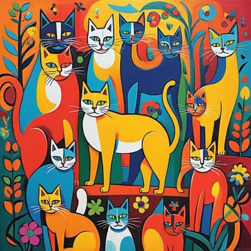 Prompt: Picasso-style garden of cats, vibrant and chaotic brushstrokes, playful and whimsical, high quality, abstract, colorful, energetic, cubist, feline frenzy, vivid tones, expressive, lively, artistic, surreal, abstract shapes, joyful atmosphere