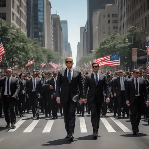 Prompt: "A modern-day president walking down a city street with a team of professional security personnel surrounding them. The president is waving to a large crowd of people lined up on both sides of the road, separated by barricades. The security guards are dressed in black suits with sunglasses, staying alert. The cityscape in the background shows tall buildings and American flags, creating a celebratory and high-security atmosphere."