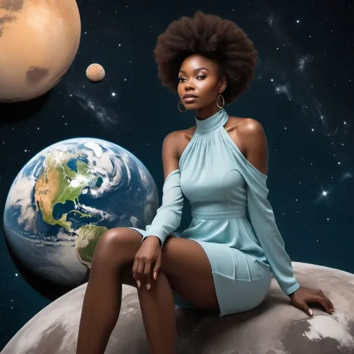 Prompt: A fully dressed melanin classy modest woman sitting on pluto looking at how beautiful the earth is 
