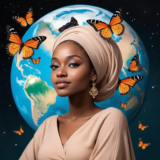 Prompt: A classy Muslim modest melanin woman sitting on pluto looking at how beautiful the earth is with beautiful butterflies on her shoulder.