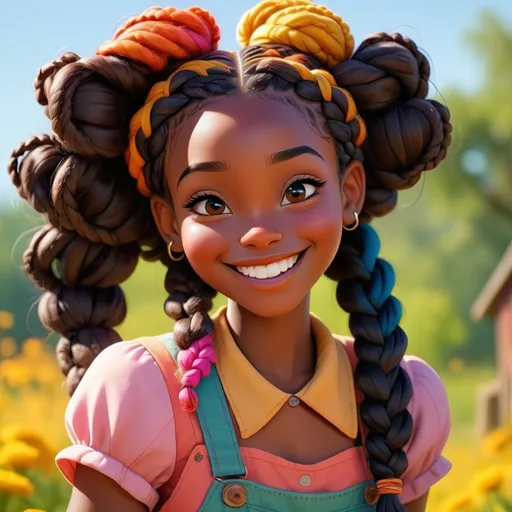 Prompt: Disney style melanin farm girl with braids and a happy smile, vibrant colors, sunny