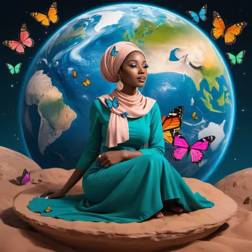 Prompt: A classy Muslim modest melanin woman sitting on Pluto looking at how beautiful the Planet earth is with colorful beautiful butterflies around her
