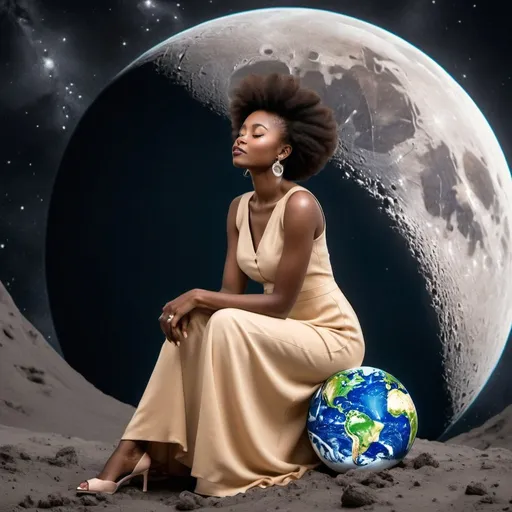 Prompt: A melanin classy modest woman sitting on the moon looking down at the earth 