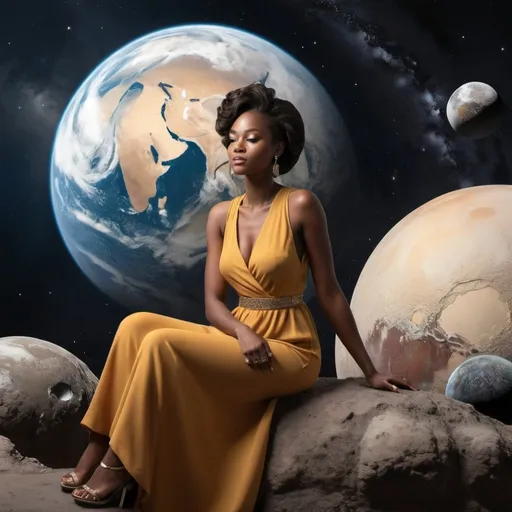 Prompt: A classy modest melanin woman sitting on pluto looking at how beautiful the earth is 
