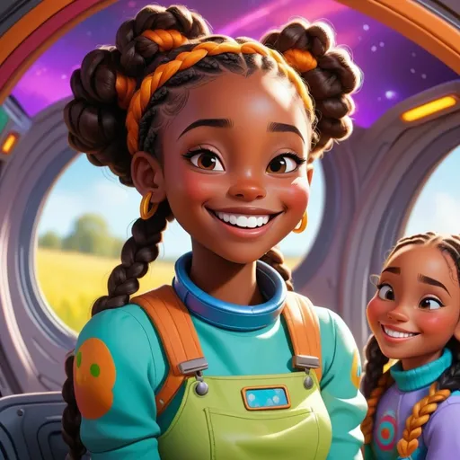 Prompt: Disney style melanin farm girl with braids and a happy smile , vibrant colors, sunny in a spaceship
, the same girl and the same friends
