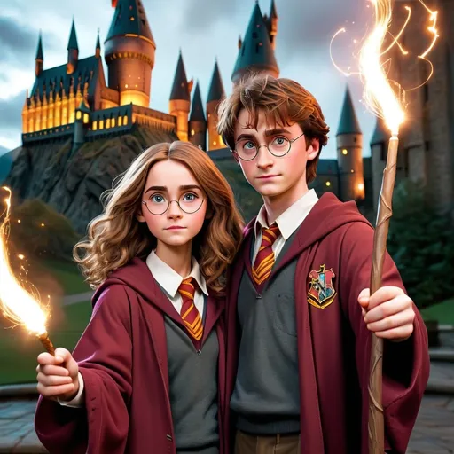 Prompt: Imagine a magical scene where me and my husband are transformed into characters from the Wizarding World of Harry Potter. I am portrayed as a modern version of Hermione Granger, wearing her iconic Gryffindor robe, with her face featuring your own unique features—eyes sparkling with intelligence and determination. Her bushy brown hair is styled in a way that reflects both Hermione's charm and your own personal style. My husband is transformed into a wizard version of Harry Potter, donning the famous round glasses, a scar on his forehead, and his signature Hogwarts robes. His face reflects your husband's features, blending them with Harry's boyish charm and bravery. Together, you both stand in the Hogwarts courtyard, wands raised and ready for action, with the Hogwarts castle towering in the background. The air is filled with magic as glowing sparks swirl around you both, ready for an epic adventure in the wizarding world. In image we should staying together 