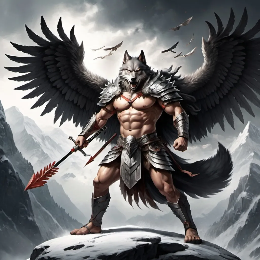 Prompt: God of the mountain have wings of angel have arrow ang sword face of angry wolf 