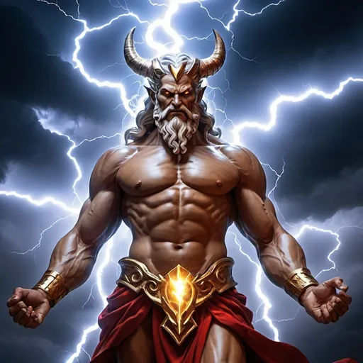 Prompt: God of Lightning with devil apperance and have strenght of Zeus