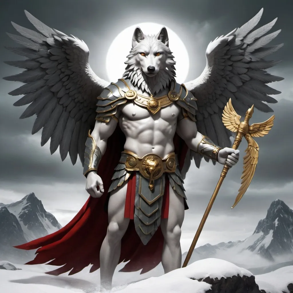 Prompt: Wolf God with wings of eagle ang have spear of posiedon ang clasw of wolverien