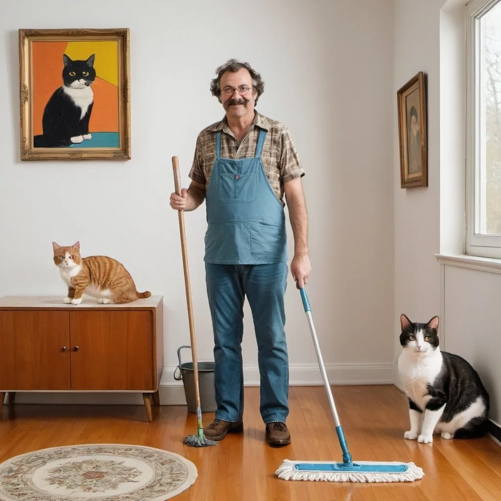 Prompt: middle age man with mop and cat in background with 70s art on wall 
