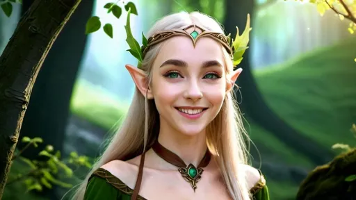 Prompt: beautiful elven girl smiling and surrounded by nature