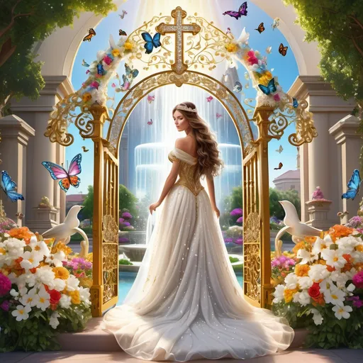 Prompt: Huge Heavens golden shining filigree gate with pearls, white diamonds, precious gems on the gate, inside a large white glowing cross near a large crystal clear flower sculpted fountain on the left and  surrounded by colorful flowers with colorful butterflies and doves, and lush greenery,  a woman with long brown hair princess like, dressed in a sparkling white flower jeweled detailed gown with a bridal veil walking up on a bed of  flowery roses, lilies path to the gate