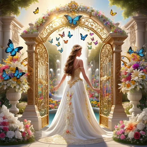 Prompt: Huge Heavens golden shining filigree gate with pearls, white diamonds, precious gems on the gate, inside a large white glowing cross near a large crystal clear flower sculpted fountain on the left and  surrounded by colorful flowers with colorful butterflies and doves, and lush greenery,  a woman with long brown hair princess like, dressed in a sparkling white flower jeweled detailed gown with a bridal veil walking up on a bed of  flowery roses, lilies path to the gate