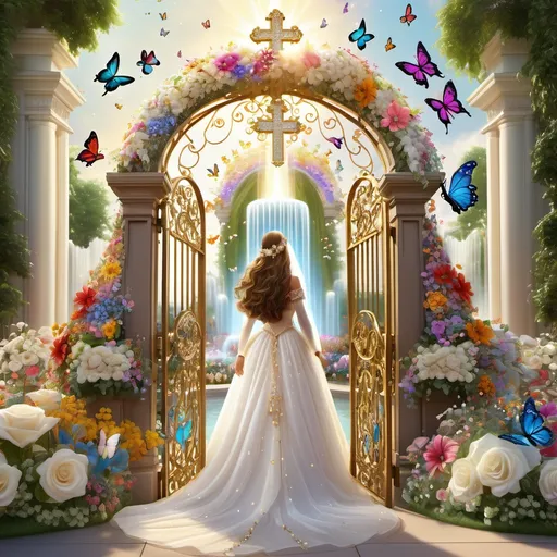 Prompt: Huge Heavens golden shining filigree gate with pearls, white diamonds, precious gems on the gate, inside a large white glowing cross near a large crystal clear flower sculpted fountain on the left and  surrounded by colorful flowers with colorful butterflies and doves, and lush greenery,  a woman with long brown hair princess like, dressed in a sparkling white flower jeweled detailed gown with a bridal veil walking up on a flowery roses, rose of Sharon, lilies path to the gate