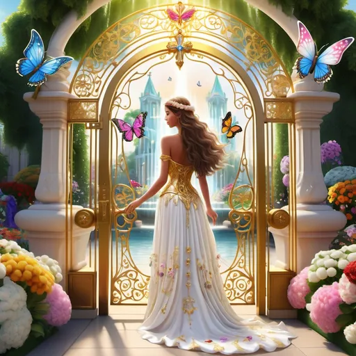 Prompt: Huge Heavens golden shining filigree gate with pearls, white diamonds, precious gems on the gate, inside a large white glowing cross near a large crystal clear flower sculpted fountain on the left and  surrounded by colorful flowers with colorful butterflies and doves, and lush greenery,  a woman facing the open gate with long brown hair princess like, dressed in a sparkling white flower jeweled detailed gown with a bridal veil walking up on a bed of  flowery roses, lilies path to the gate