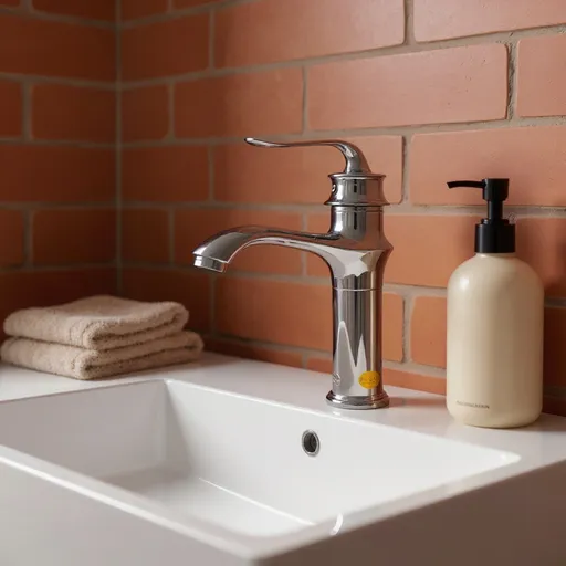 Prompt: 
A photorealistic image of the uploaded faucet, installed on a modern ceramic sink.
The background wall is made of warm brick texture (light terracotta tone).
A folded beige towel is placed neatly beside the sink, and a stylish liquid soap dispenser stands next to it.
The lighting is soft natural light from the side, creating subtle reflections on the chrome faucet.
The scene feels clean, elegant, and luxurious, like a professional product photo for a high-end bathroom brand.
Ultra-realistic, cinematic lighting, 8K HDR detail, shallow depth of field, focus on the faucet