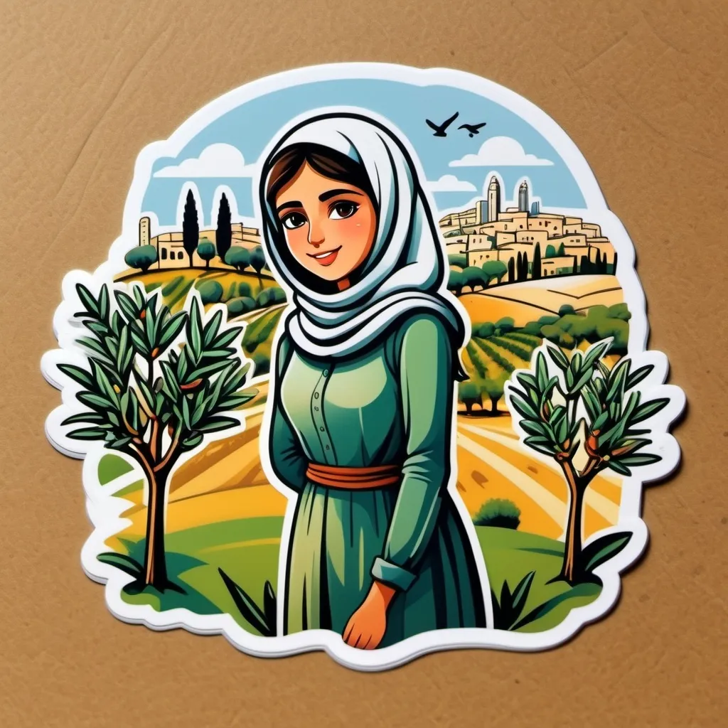 Prompt: stress free Palestinian girl in farm with olive trees with city view