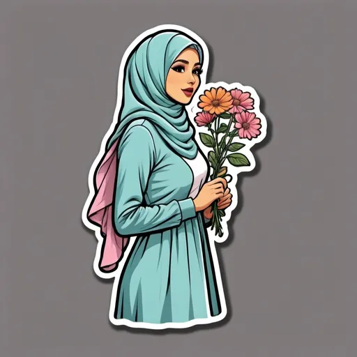 Prompt: retro the back of a Hijabi holding flower in the air
