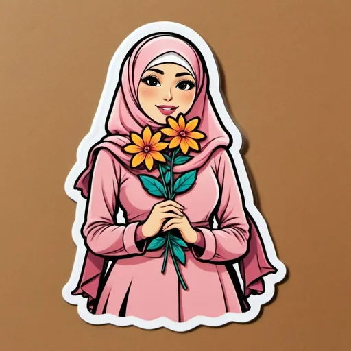 Prompt: retro the back of a Hijabi holding flower in the air
