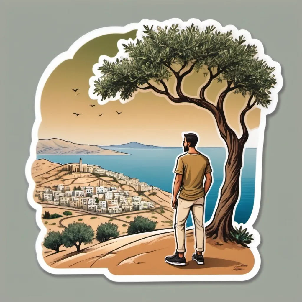 Prompt: Strong Palestinian man wearing light brown t-shirt and offwhite trouser, and sport shoes,  on the mountain under an olive tree, looking at a  Palestinian city with dark smoke,  and sea view and olive tree