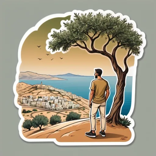 Prompt: Strong Palestinian man wearing light brown t-shirt and offwhite trouser, and sport shoes,  on the mountain under an olive tree, looking at a  Palestinian city with dark smoke,  and sea view and olive tree