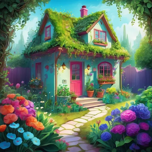 Prompt: Vibrant digital illustration of a small home garden, high-quality, highres, vibrant, digital art, fantasy,