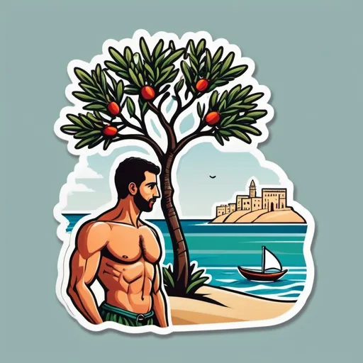 Prompt: Strong Palestinian modern man  on the beach with Palestinian city and sea view and olive tree