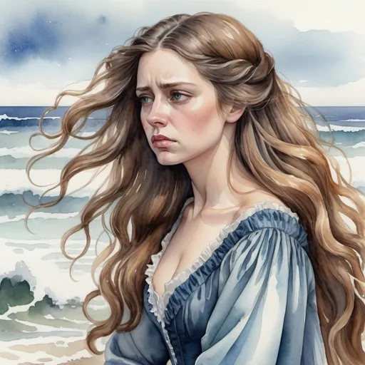 Prompt: Closeup of a hyperrealistic beautiful sad woman with long flowing hair wearing a 1800s gown staring into space. In the background waves crash on the beach. Watercolor detailed painting 