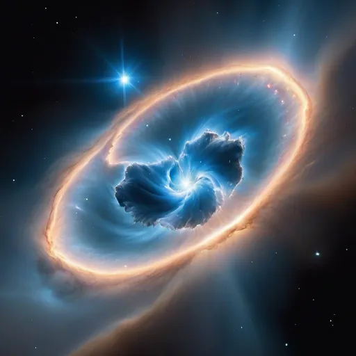 Prompt: Ghostly shaped nebula emerging from the debris of a supernova, blue pulsar, glowing stars, hyperrealistic, epic