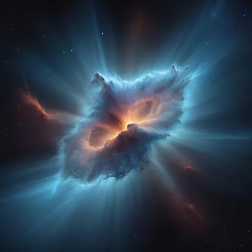 Prompt: Ghostly shaped nebula emerging from the debris of a supernova, blue pulsar, glowing stars, hyperrealistic, epic