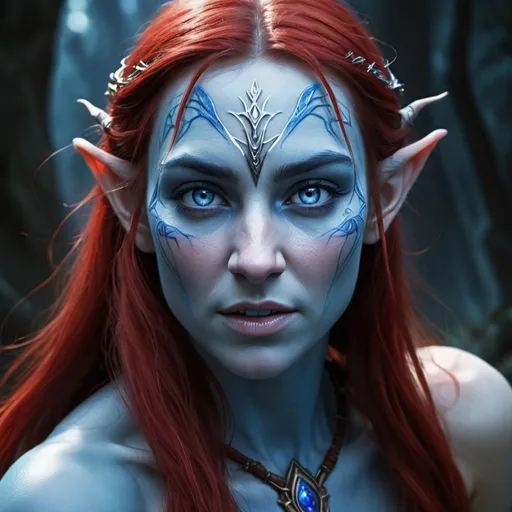 Prompt: Realistic depiction of an elven woman's face and upper body split down the middle, emitting red magic from one side and blue magic from the other, attacking ogres and healing a companion, high quality, realistic, magical, detailed facial features, split body, red magic, blue magic, ogres, healing, intense action, mystical atmosphere, contrasted lighting, captivating eyes, ethereal beauty