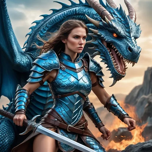 Prompt: Beautiful realistic woman warrior in leather armor, battling a blue realistic dragon, epic, hyperrealistic, intense battle scene, detailed armor, intricate scales on dragon, high definition, fantasy art, dynamic composition, vibrant colors, dynamic lighting, professional illustration, highres, detailed characters, intense gaze, dramatic, heroic