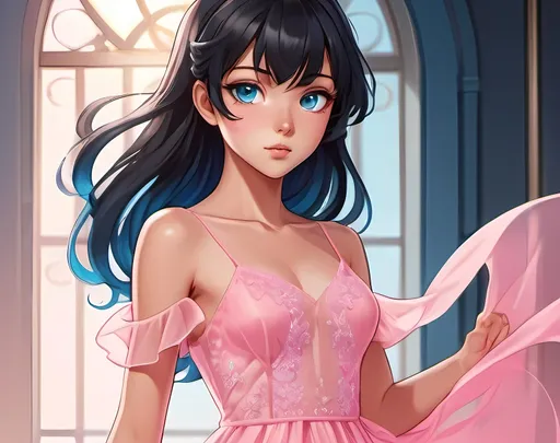 Prompt: Anime illustration of a girl with sleek black hair, tan skin and blue eyes, wearing a sheer pink dress, vibrant and cute, high quality, anime, cute, detailed eyes, rich, fancy, sleek design, professional, vibrant colors, anime style, detailed hair, atmospheric lighting