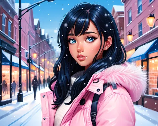 Prompt: Anime illustration of a girl with sleek black hair, tan skin and blue eyes, vibrant and cute, high quality, modernized, anime, cute, detailed eyes, rich, fancy, sleek design, professional, vibrant colors, anime style, detailed hair, atmospheric lighting, kawaii, pink colors, snow, pretty nails