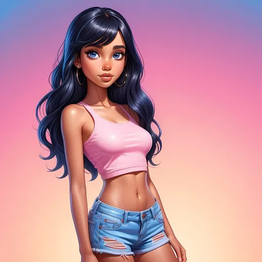 Prompt: Full body illustration of a girl with sleek black hair, tan skin and blue eyes, vibrant and cute, high quality, cute, detailed eyes, rich, fancy, professional, vibrant colors, detailed hair, atmospheric lighting, kawaii, pink colors. Highly detailed eyes. 