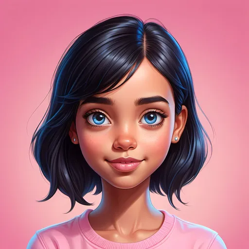 Prompt: Full portrait illustration of a girl with sleek black hair, tan skin and blue eyes, vibrant and cute, high quality, cute, detailed eyes, rich, fancy, professional, vibrant colors, detailed hair, atmospheric lighting, kawaii, pink colors. Pink background. Drawn in Disney style. Highly detailed eyes.