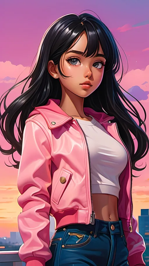 Prompt: Anime illustration of a girl with sleek black hair, tan skin and blue eyes, vibrant and cute, high quality, modernized, anime, cute, detailed eyes, rich, fancy, sleek design, professional, vibrant colors, anime style, detailed hair, atmospheric lighting, kawaii, pink and gold colors, modern clothing, modern style, modern aesthetic, pink sky