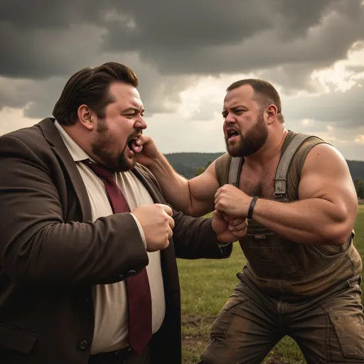 Prompt: dynamic confrontation scene, a fat man in a suit biting the hand of a slim, strong dirty farmer, farmer is in mid-punch, wearing overalls, expression intense and determined, classic countryside background with atmospheric clouds, dual tension between characters, cinematic lighting and shadows, vibrant colors highlighting the drama of the moment, high-quality Caricature and ultra-detailed portrayal.