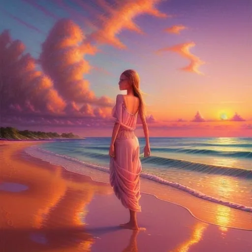 Prompt: Surreal digital artwork of a serene girl on a tranquil beach, vibrant sunset sky reflecting on the water, soft pastel tones, high quality, detailed sand texture, dreamy atmosphere, surreal, tranquil, beach, sunset, pastel colors, detailed, serene, atmospheric lighting
