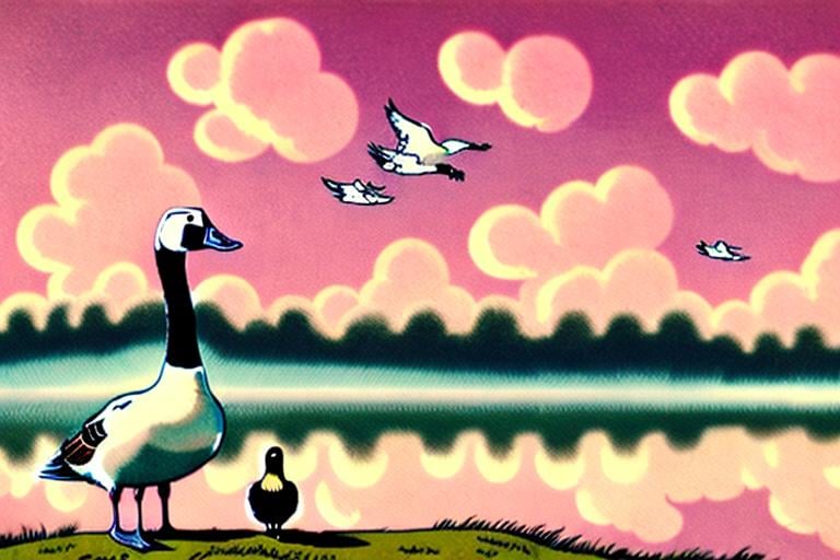 Prompt: Against a green sky filled with pink clouds, a goose prays, hoping all his dreams will come true 
