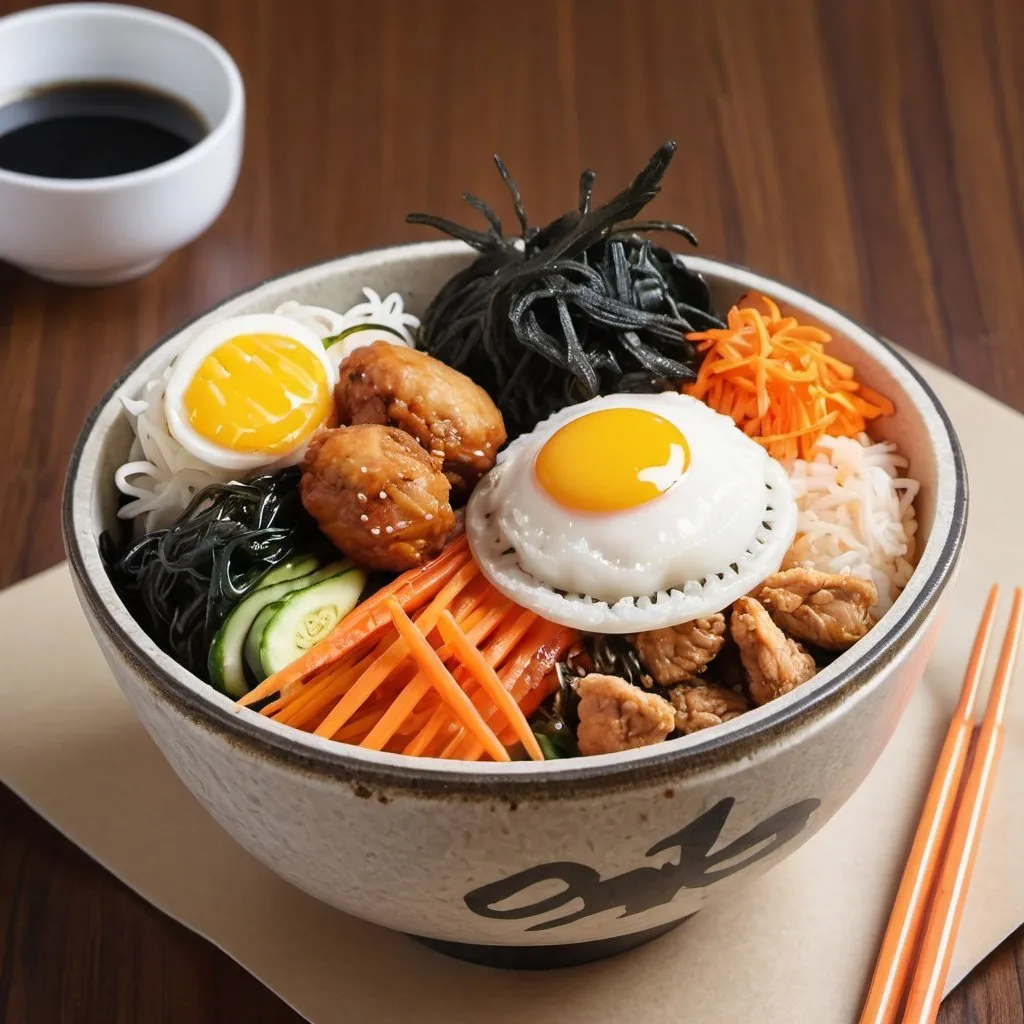 Prompt: A delightful and mouth watering bibimbap that consist of fried rice with fried chicken balls, crispy seaweed, baby carrot, and also wrapped in a paper bowl