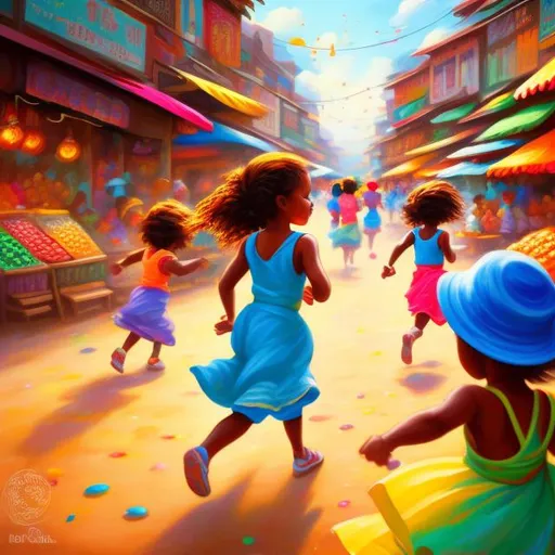 Prompt: Detailed illustration of a woman chasing a little girl carrying garri, vibrant colors, lively market setting, bustling crowd, dynamic movement, realistic digital painting, high quality, detailed characters, vibrant colors, lively market setting, dynamic movement, realistic digital painting, energetic, colorful, bustling, detailed characters, traditional market scene