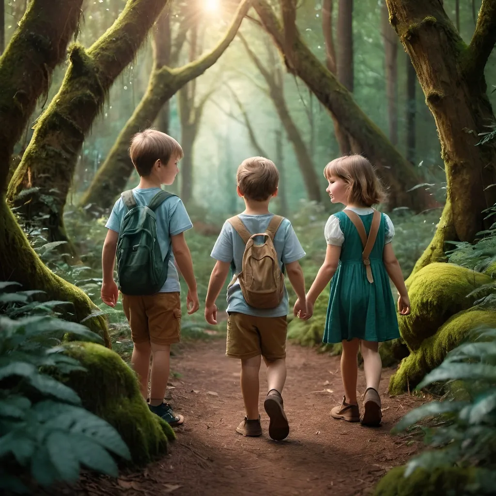 Prompt: image of three children exploring a magical forest two boys and one girl like a disney