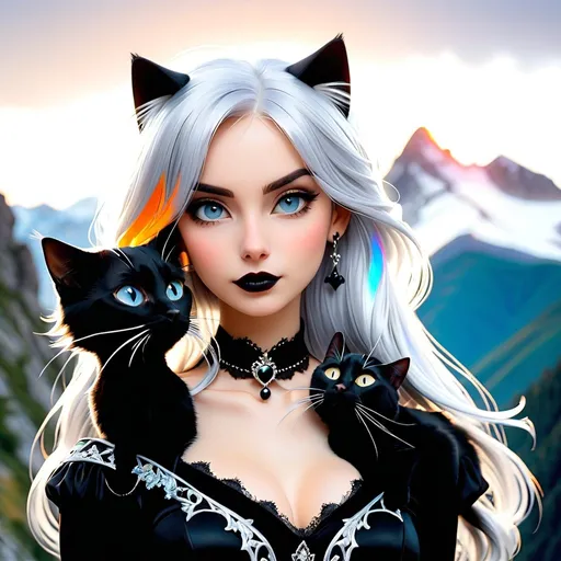 Prompt: silver hair, woman, black cat, mountain,  gothic