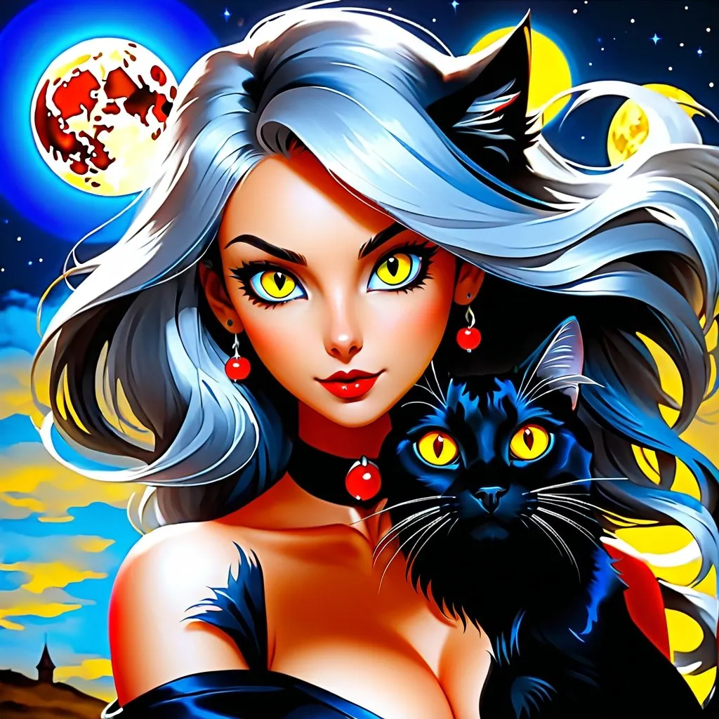 Prompt: Black cat, yellow eyes, woman, black and sliver hair, red eyes, blue moon
