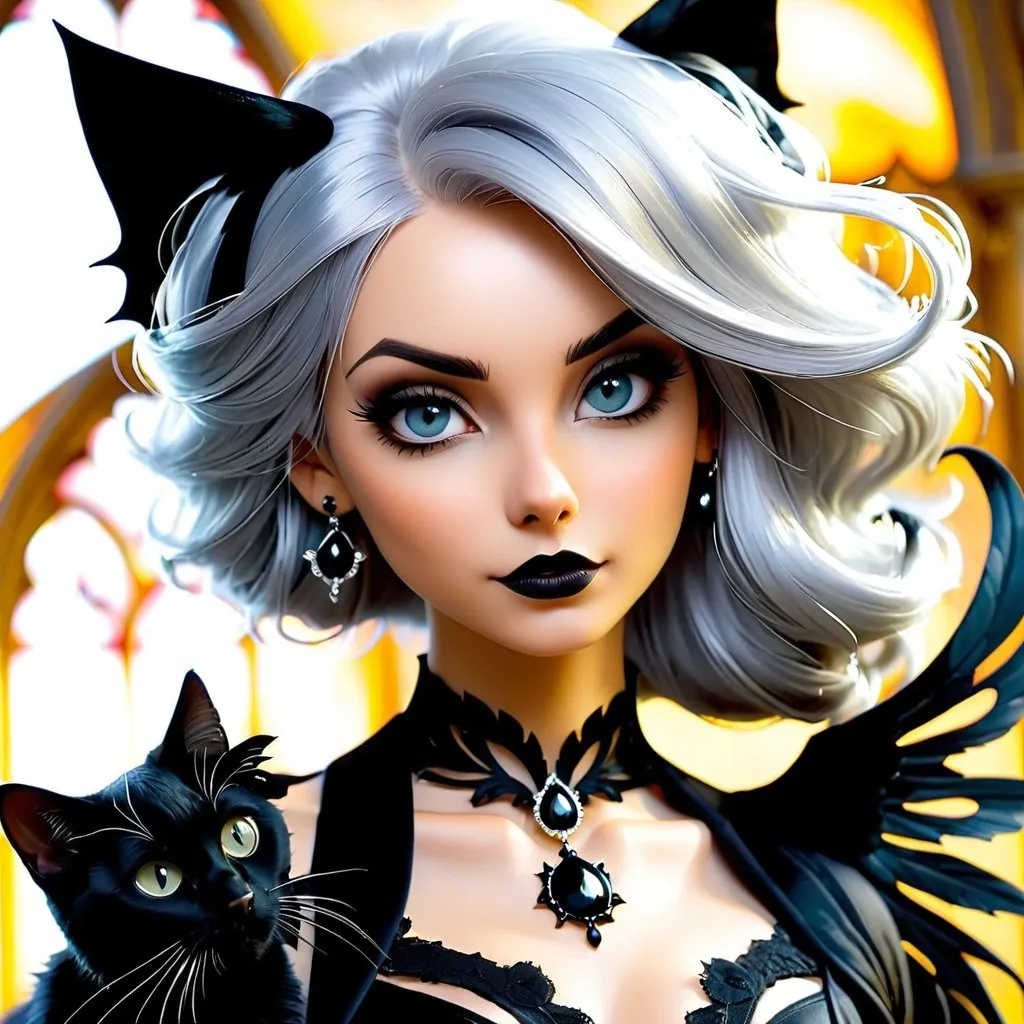 Prompt: silver hair, woman, black cat, gothic, black wings