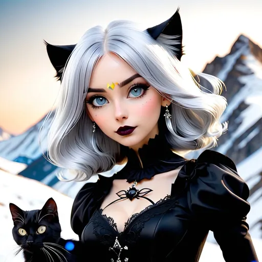 Prompt: silver hair, woman, black cat, mountain,  gothic