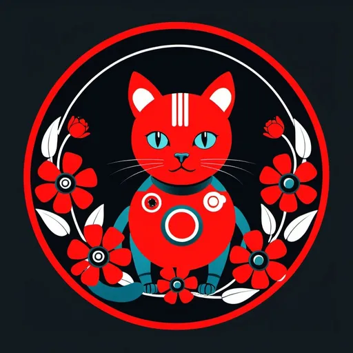 Prompt: Cat, red, circle, robot, flower